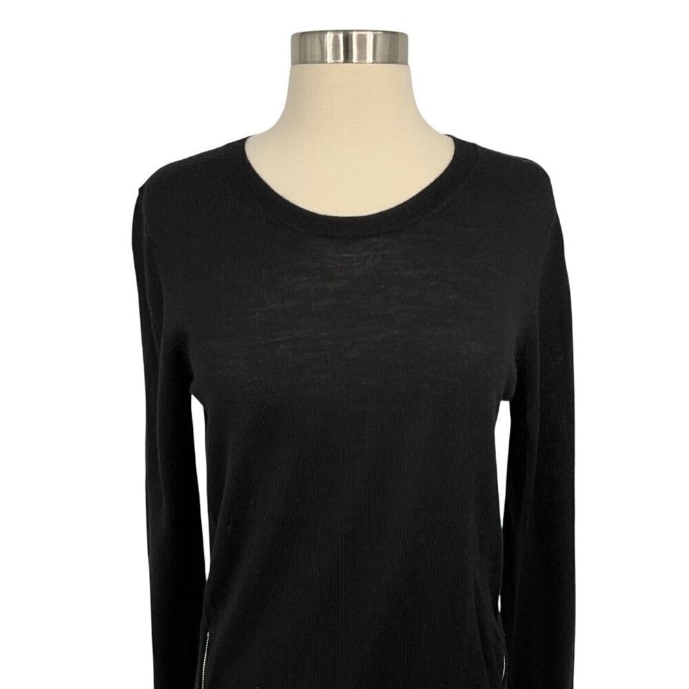Sandro Paris Merino Wool Sweater Black Size 2 / S Silk Details Zipper Pullover - Picture 4 of 13